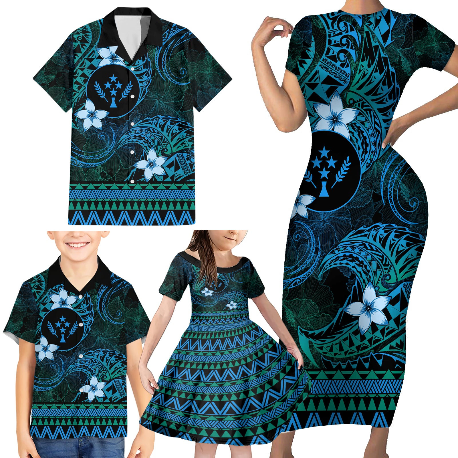 FSM Kosrae State Family Matching Short Sleeve Bodycon Dress and Hawaiian Shirt Tribal Pattern Ocean Version LT01 - Polynesian Pride