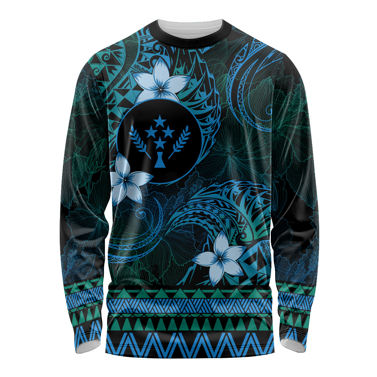 FSM Kosrae State Long Sleeve Shirt Tribal Pattern Ocean Version LT01 Unisex Blue - Polynesian Pride