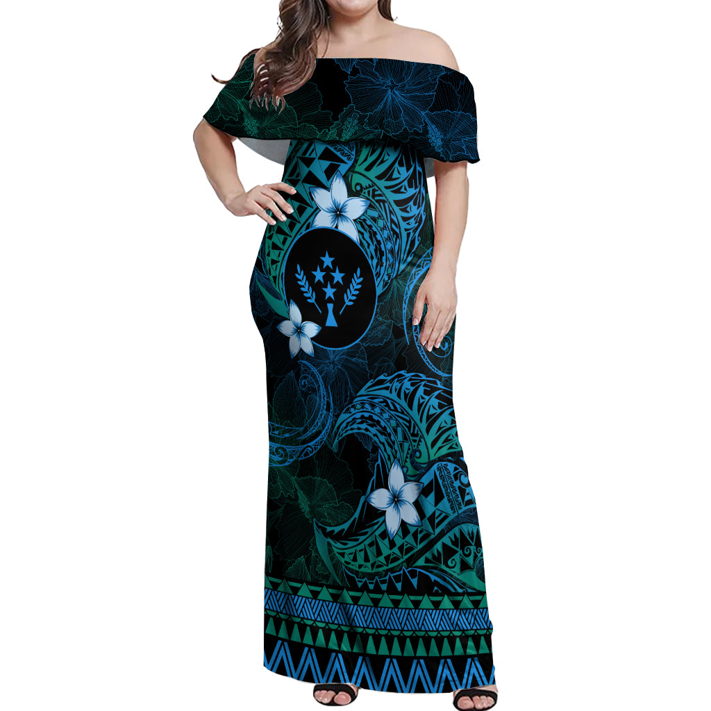 FSM Kosrae State Off Shoulder Maxi Dress Tribal Pattern Ocean Version LT01 Women Blue - Polynesian Pride