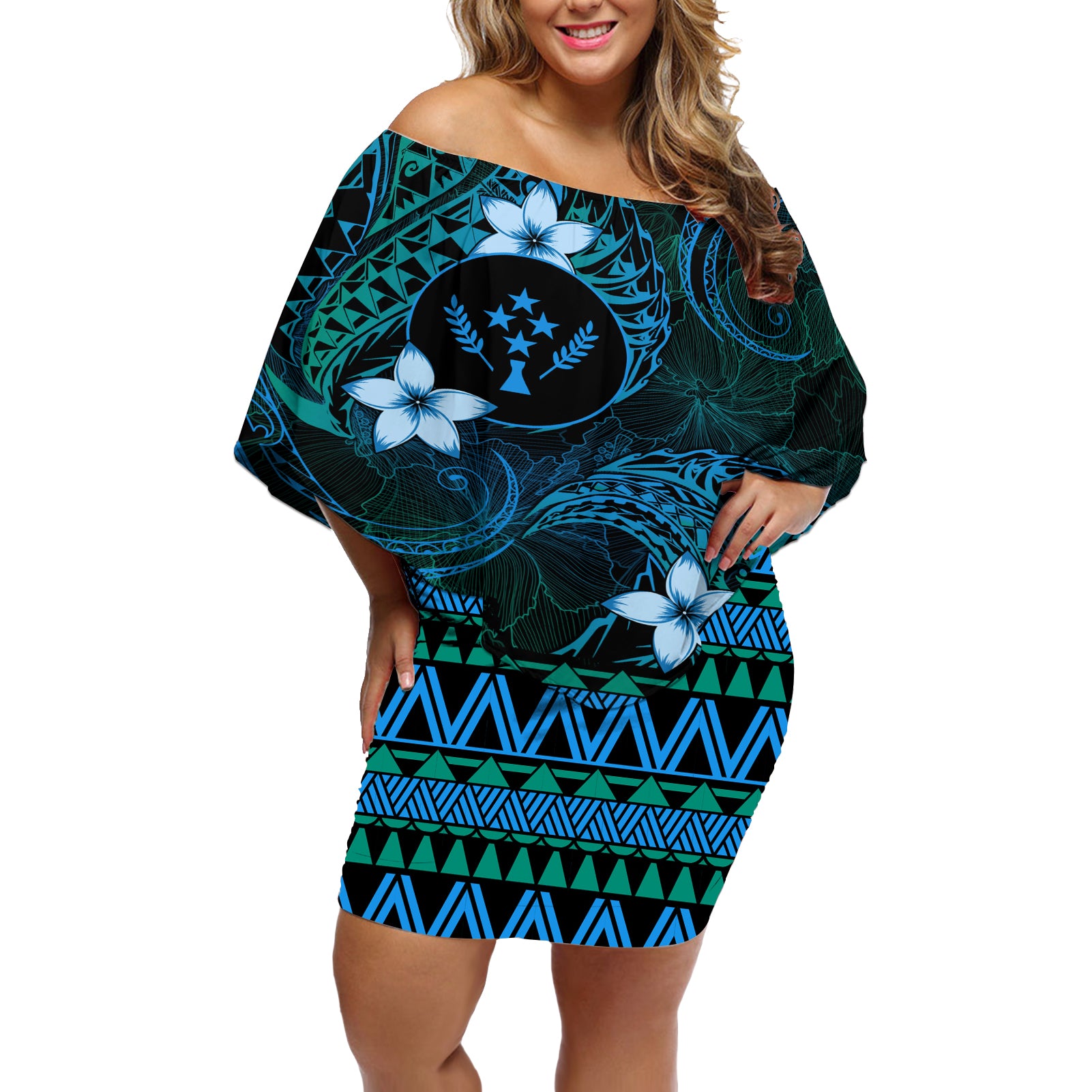 FSM Kosrae State Off Shoulder Short Dress Tribal Pattern Ocean Version LT01 Women Blue - Polynesian Pride