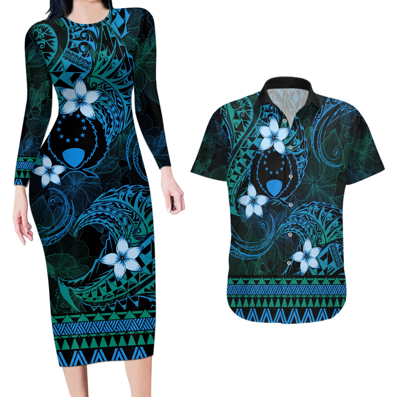 FSM Pohnpei State Couples Matching Long Sleeve Bodycon Dress and Hawaiian Shirt Tribal Pattern Ocean Version LT01 Blue - Polynesian Pride