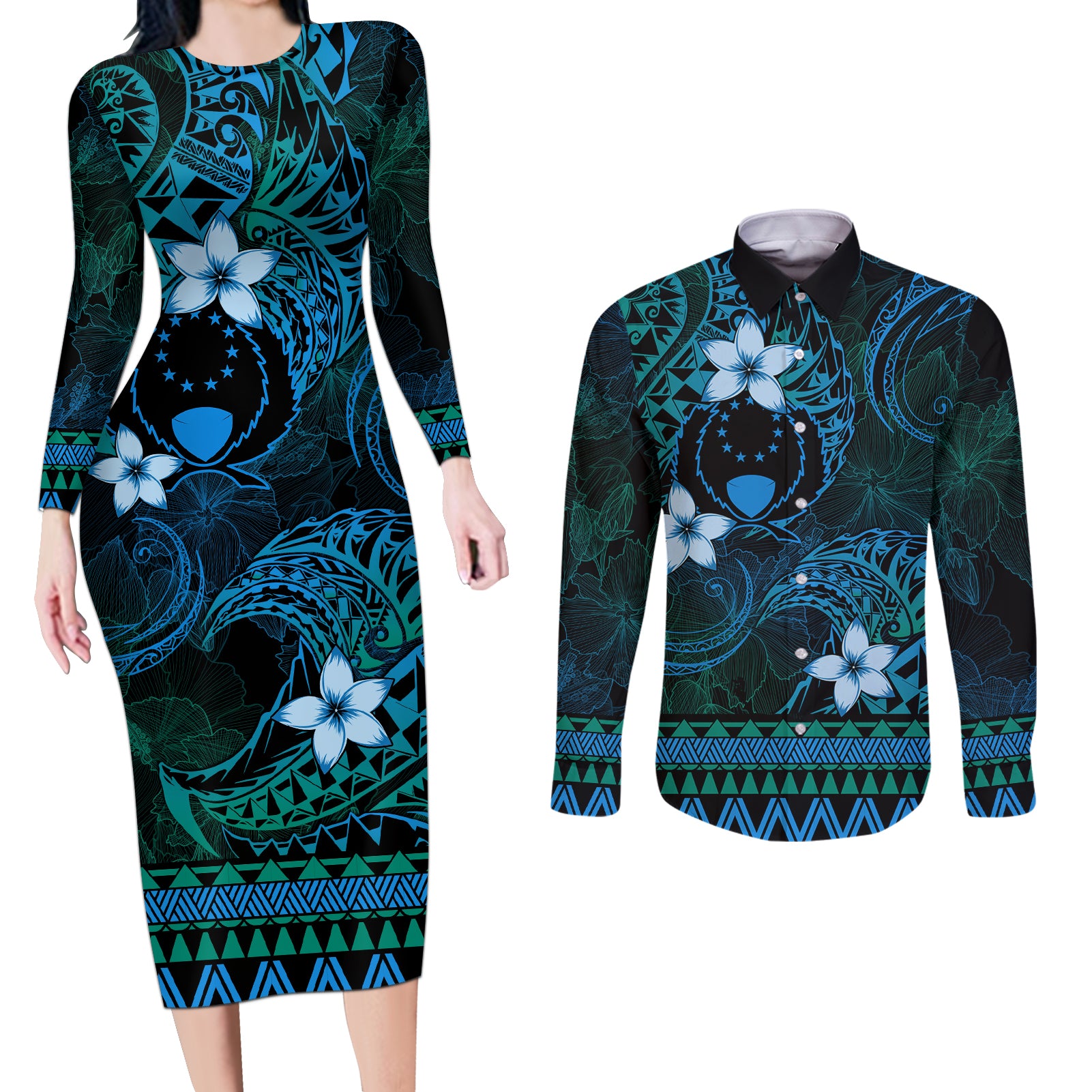 FSM Pohnpei State Couples Matching Long Sleeve Bodycon Dress and Long Sleeve Button Shirt Tribal Pattern Ocean Version LT01 Blue - Polynesian Pride