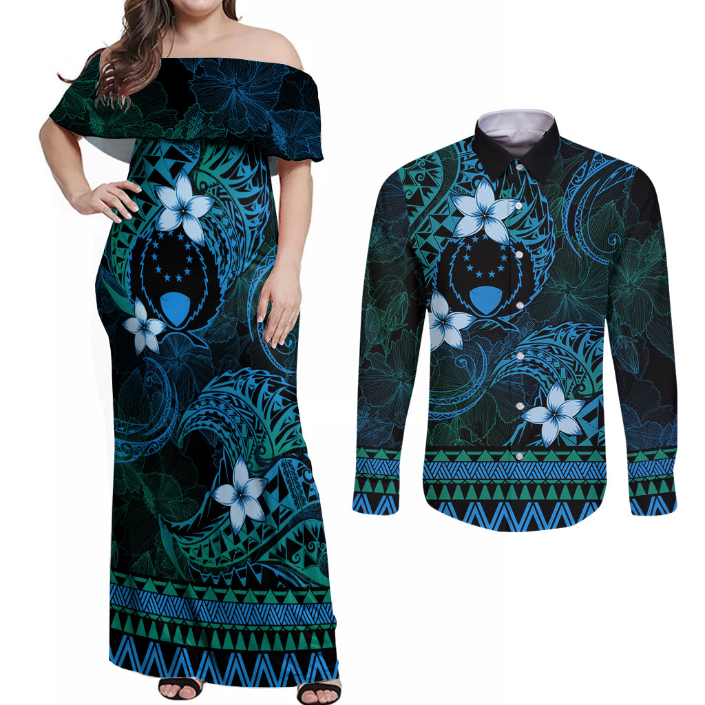 FSM Pohnpei State Couples Matching Off Shoulder Maxi Dress and Long Sleeve Button Shirt Tribal Pattern Ocean Version LT01 Blue - Polynesian Pride