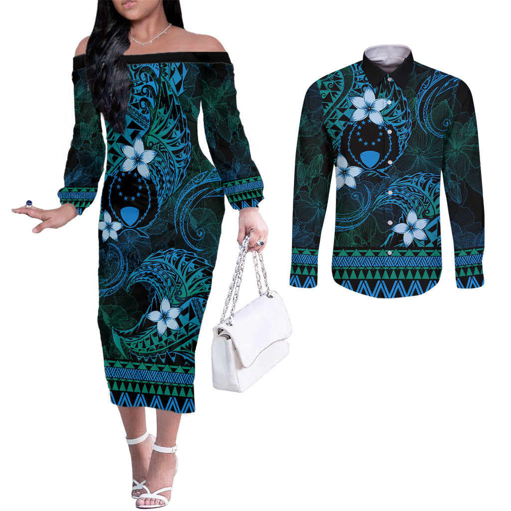 FSM Pohnpei State Couples Matching Off The Shoulder Long Sleeve Dress and Long Sleeve Button Shirt Tribal Pattern Ocean Version LT01 Blue - Polynesian Pride