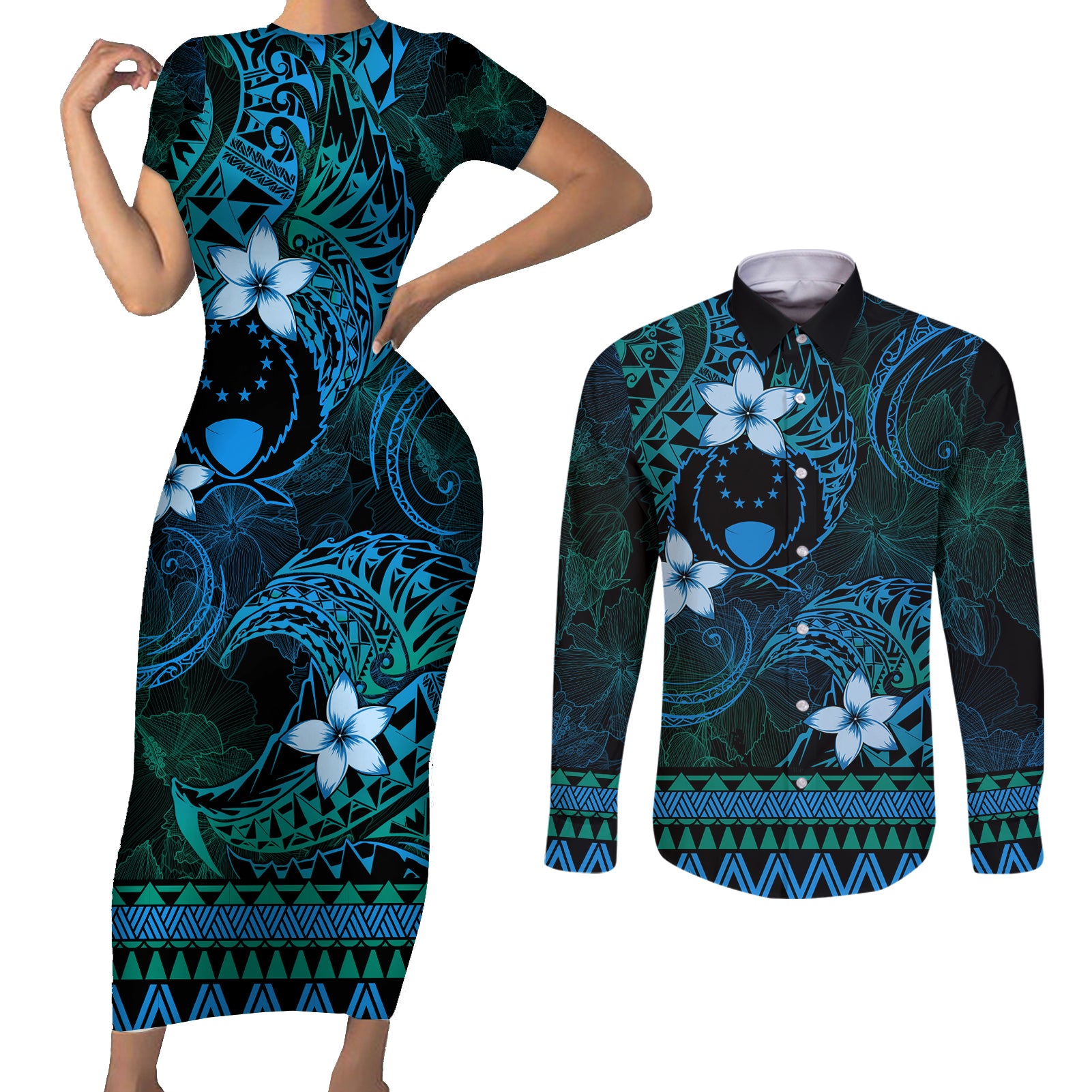FSM Pohnpei State Couples Matching Short Sleeve Bodycon Dress and Long Sleeve Button Shirt Tribal Pattern Ocean Version LT01 Blue - Polynesian Pride