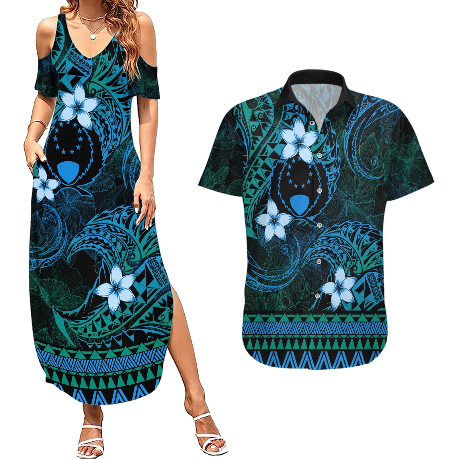 FSM Pohnpei State Couples Matching Summer Maxi Dress and Hawaiian Shirt Tribal Pattern Ocean Version LT01 Blue - Polynesian Pride