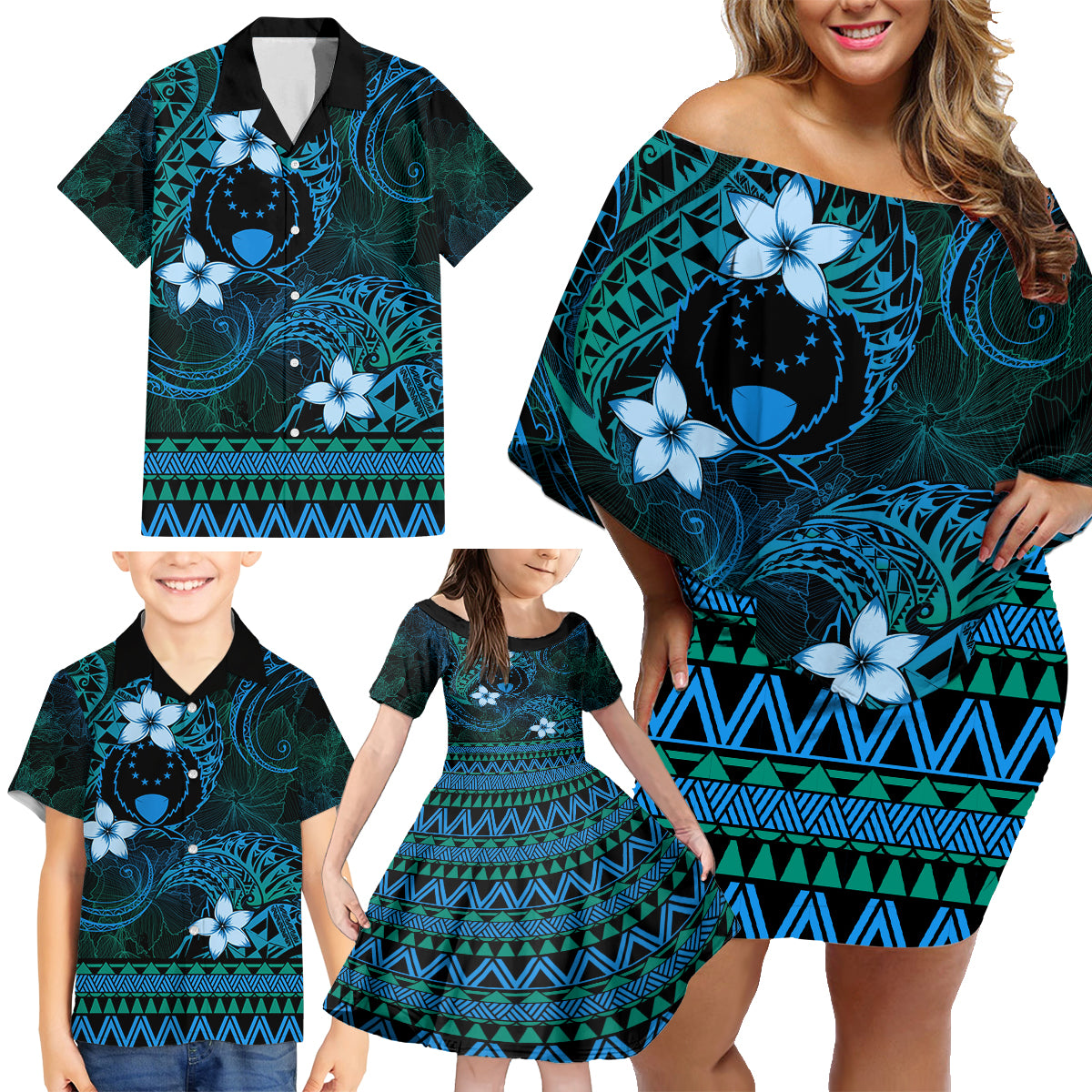 FSM Pohnpei State Family Matching Off Shoulder Short Dress and Hawaiian Shirt Tribal Pattern Ocean Version LT01 - Polynesian Pride