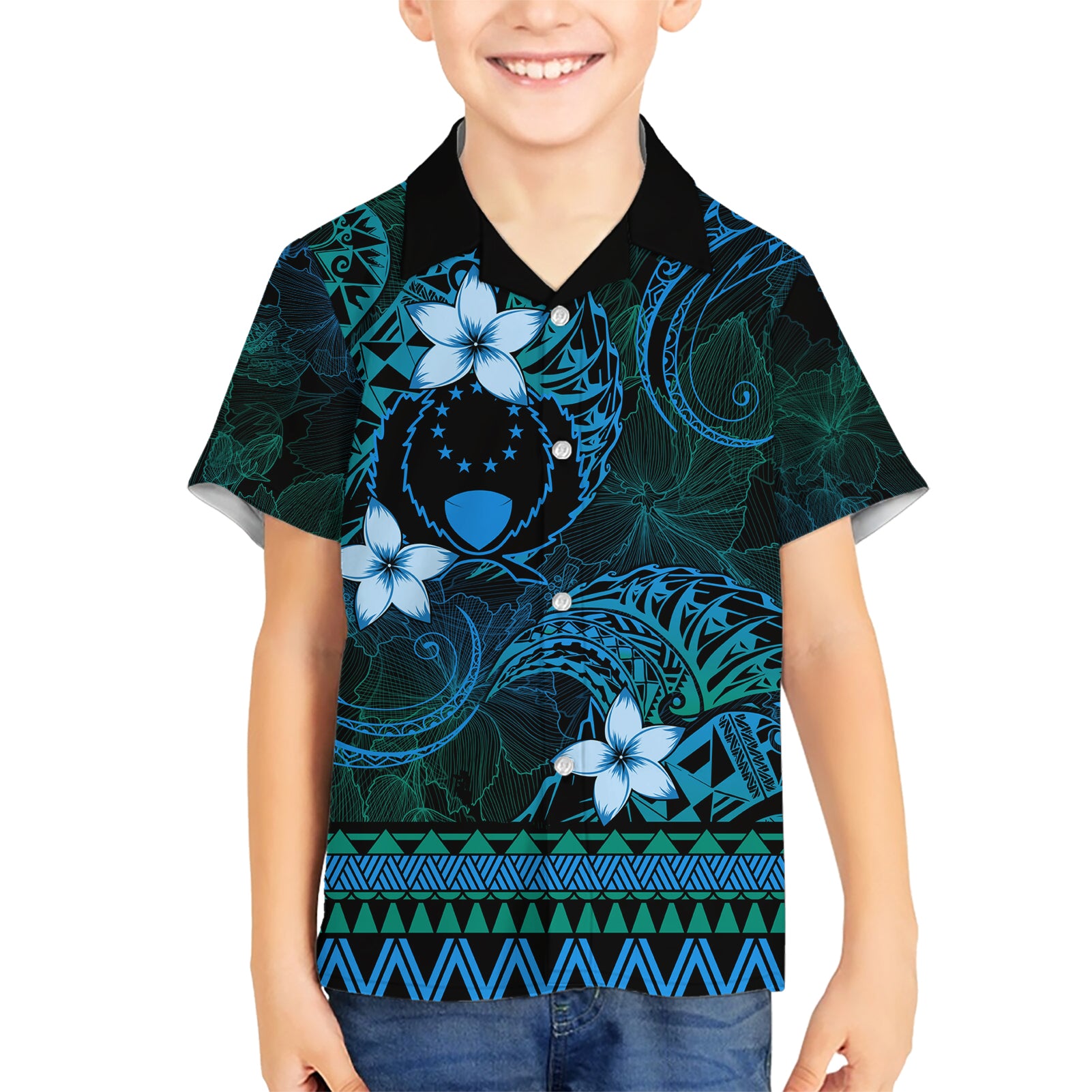 FSM Pohnpei State Kid Hawaiian Shirt Tribal Pattern Ocean Version LT01 Kid Blue - Polynesian Pride