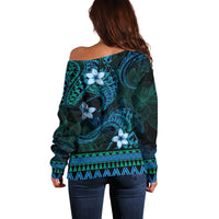 FSM Pohnpei State Off Shoulder Sweater Tribal Pattern Ocean Version LT01 - Polynesian Pride