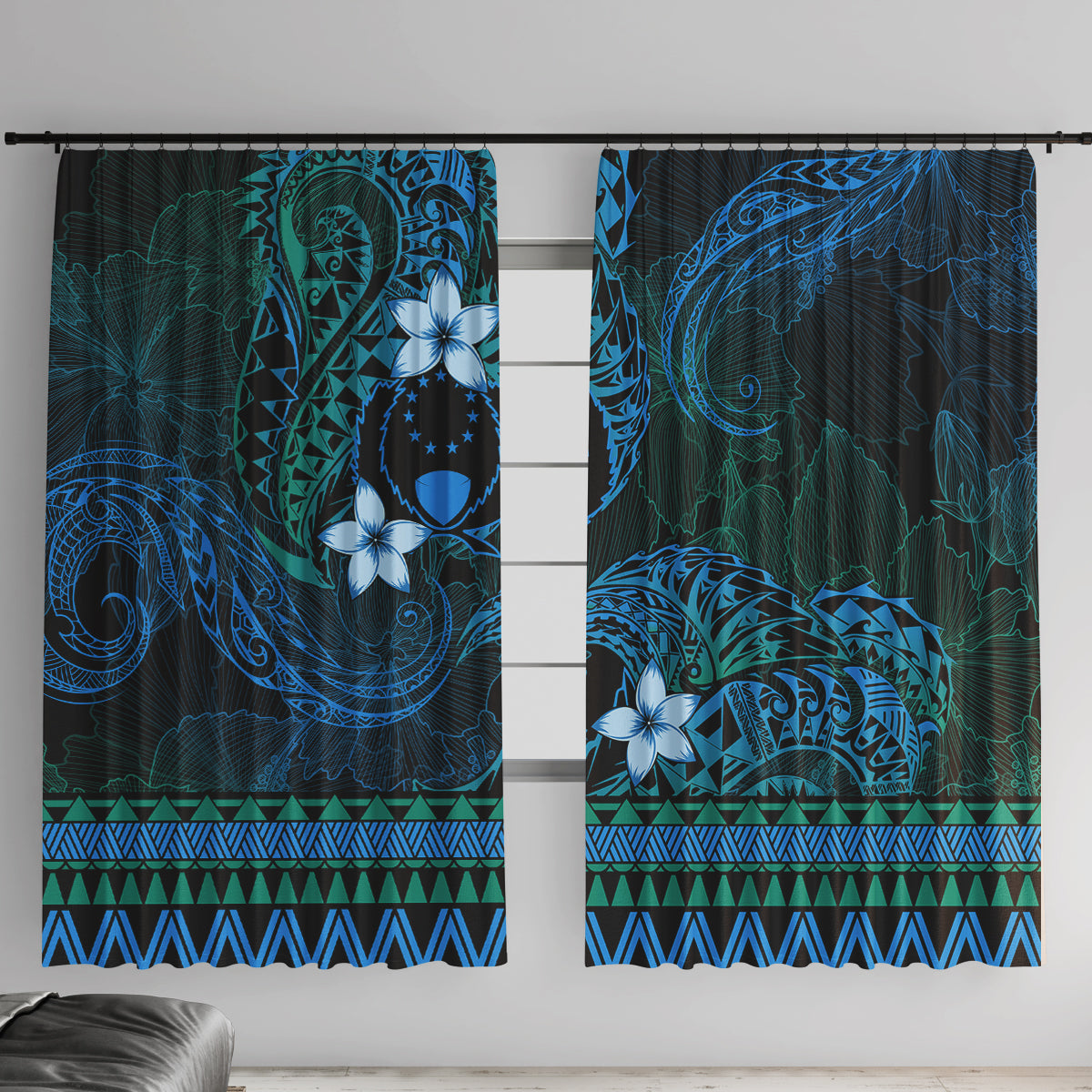 FSM Pohnpei State Window Curtain Tribal Pattern Ocean Version