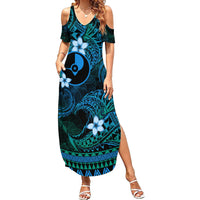 FSM Yap State Family Matching Summer Maxi Dress and Hawaiian Shirt Tribal Pattern Ocean Version LT01 Mom's Dress Blue - Polynesian Pride