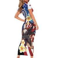 Personalized Northern Mariana Islands 4th of July Family Matching Short Sleeve Bodycon Dress and Hawaiian Shirt Plumeria USA Eagle