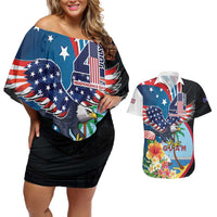Personalized Guam Fourth of July Couples Matching Off Shoulder Short Dress and Hawaiian Shirt Tropical Flowers