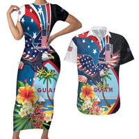 Personalized Guam Fourth of July Couples Matching Short Sleeve Bodycon Dress and Hawaiian Shirt Tropical Flowers