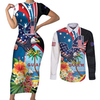 Personalized Guam Fourth of July Couples Matching Short Sleeve Bodycon Dress and Long Sleeve Button Shirt Tropical Flowers