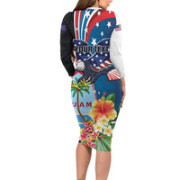 Personalized Guam Fourth of July Family Matching Long Sleeve Bodycon Dress and Hawaiian Shirt Tropical Flowers