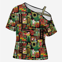Hawaiian Santa Christmas Pattern Cross Shoulder Shirt Black Version - Polynesian Pride