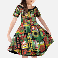Hawaiian Santa Christmas Pattern Family Matching Off The Shoulder Long Sleeve Dress and Hawaiian Shirt Black Version - Polynesian Pride