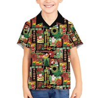 Hawaiian Santa Christmas Pattern Family Matching Off Shoulder Short Dress and Hawaiian Shirt Black Version - Polynesian Pride