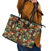 Hawaiian Santa Christmas Pattern Leather Tote Bag Black Version - Polynesian Pride