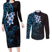 New Zealand Tuatara Plumeria Couples Matching Long Sleeve Bodycon Dress and Long Sleeve Button Shirt Maori Blue Koru Tribal Tattoo