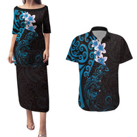 New Zealand Tuatara Plumeria Couples Matching Puletasi and Hawaiian Shirt Maori Blue Koru Tribal Tattoo