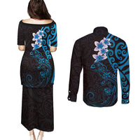 New Zealand Tuatara Plumeria Couples Matching Puletasi and Long Sleeve Button Shirt Maori Blue Koru Tribal Tattoo
