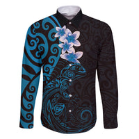 New Zealand Tuatara Plumeria Family Matching Tank Maxi Dress and Hawaiian Shirt Maori Blue Koru Tribal Tattoo