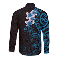 New Zealand Tuatara Plumeria Long Sleeve Button Shirt Maori Blue Koru Tribal Tattoo
