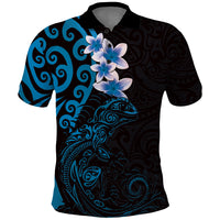 New Zealand Tuatara Plumeria Polo Shirt Maori Blue Koru Tribal Tattoo