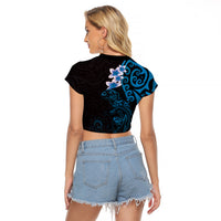 New Zealand Tuatara Plumeria Raglan Cropped T Shirt Maori Blue Koru Tribal Tattoo