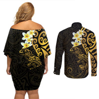 New Zealand Tuatara Plumeria Couples Matching Off Shoulder Short Dress and Long Sleeve Button Shirt Maori Gold Koru Tribal Tattoo