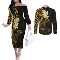 New Zealand Tuatara Plumeria Couples Matching Off The Shoulder Long Sleeve Dress and Long Sleeve Button Shirt Maori Gold Koru Tribal Tattoo