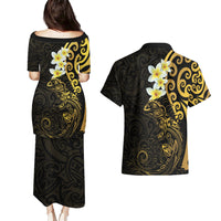 New Zealand Tuatara Plumeria Couples Matching Puletasi and Hawaiian Shirt Maori Gold Koru Tribal Tattoo