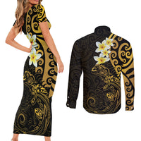 New Zealand Tuatara Plumeria Couples Matching Short Sleeve Bodycon Dress and Long Sleeve Button Shirt Maori Gold Koru Tribal Tattoo