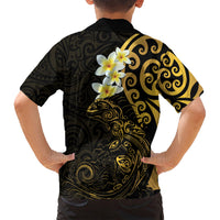 New Zealand Tuatara Plumeria Family Matching Summer Maxi Dress and Hawaiian Shirt Maori Gold Koru Tribal Tattoo