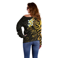 New Zealand Tuatara Plumeria Off Shoulder Sweater Maori Gold Koru Tribal Tattoo