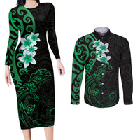 New Zealand Tuatara Plumeria Couples Matching Long Sleeve Bodycon Dress and Long Sleeve Button Shirt Maori Green Koru Tribal Tattoo