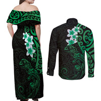 New Zealand Tuatara Plumeria Couples Matching Off Shoulder Maxi Dress and Long Sleeve Button Shirt Maori Green Koru Tribal Tattoo
