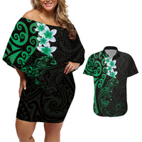 New Zealand Tuatara Plumeria Couples Matching Off Shoulder Short Dress and Hawaiian Shirt Maori Green Koru Tribal Tattoo