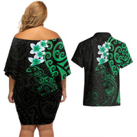 New Zealand Tuatara Plumeria Couples Matching Off Shoulder Short Dress and Hawaiian Shirt Maori Green Koru Tribal Tattoo