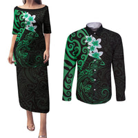 New Zealand Tuatara Plumeria Couples Matching Puletasi and Long Sleeve Button Shirt Maori Green Koru Tribal Tattoo