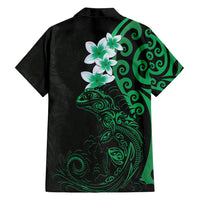 New Zealand Tuatara Plumeria Family Matching Long Sleeve Bodycon Dress and Hawaiian Shirt Maori Green Koru Tribal Tattoo