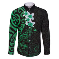 New Zealand Tuatara Plumeria Family Matching Tank Maxi Dress and Hawaiian Shirt Maori Green Koru Tribal Tattoo