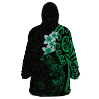 New Zealand Tuatara Plumeria Wearable Blanket Hoodie Maori Green Koru Tribal Tattoo