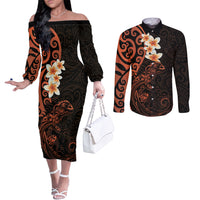 New Zealand Tuatara Plumeria Couples Matching Off The Shoulder Long Sleeve Dress and Long Sleeve Button Shirt Maori Orange Koru Tribal Tattoo