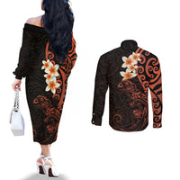 New Zealand Tuatara Plumeria Couples Matching Off The Shoulder Long Sleeve Dress and Long Sleeve Button Shirt Maori Orange Koru Tribal Tattoo