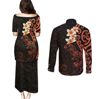 New Zealand Tuatara Plumeria Couples Matching Puletasi and Long Sleeve Button Shirt Maori Orange Koru Tribal Tattoo