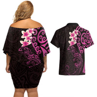 New Zealand Tuatara Plumeria Couples Matching Off Shoulder Short Dress and Hawaiian Shirt Maori Pink Koru Tribal Tattoo