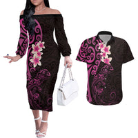 New Zealand Tuatara Plumeria Couples Matching Off The Shoulder Long Sleeve Dress and Hawaiian Shirt Maori Pink Koru Tribal Tattoo